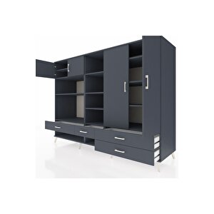 Kronos Dolap 12 Raflı 4 Çekmeceli 4 Kapaklı 220x59x163 Antrasit-antrasit