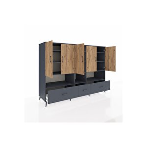 Kronos Dolap 12 Raflı 3 Çekmeceli 5 Kapaklı 220x59x163 Antrasit-çam/antrasit