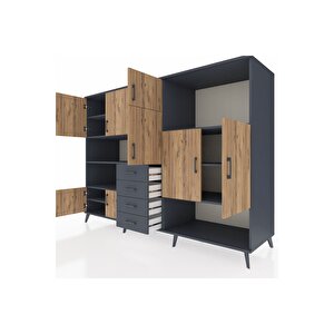 Kronos Dolap 10 Raflı 4 Çekmeceli 8 Kapaklı 220x59x163 Antrasit-çam/antrasit
