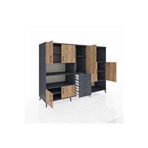 Kronos Dolap 10 Raflı 4 Çekmeceli 8 Kapaklı 220x59x163 Antrasit-çam/antrasit