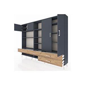 Arges Dolap 12 Raflı 4 Çekmeceli 4 Kapaklı 220x30x163 Antrasit-antrasit/çam