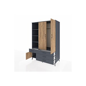 Kronos Dolap 5 Raflı 4 Çekmeceli Tek Askılı 132x59x195 Antrasit-çam/antrasit