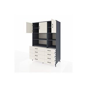 Kronos Dolap 8 Raflı 8 Çekmeceli 3 Kapaklı 132x59x195 Antrasit-aytaşı/aytaşı