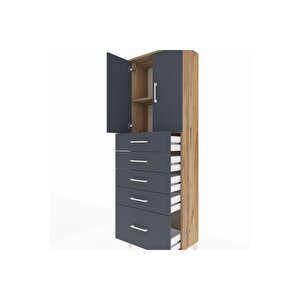 Arges Dolap 2 Raflı 5 Çekmeceli 2 Kapaklı 60x30x182 Çam-antrasit
