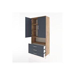 Hyperion Dolap 4 Raflı 3 Çekmeceli 2 Kapaklı 88x44x195 Çam-antrasit