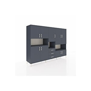 Hyperion Dolap 13 Raflı 3 Çekmeceli 9 Kapaklı 220x44x163 Antrasit-antrasit