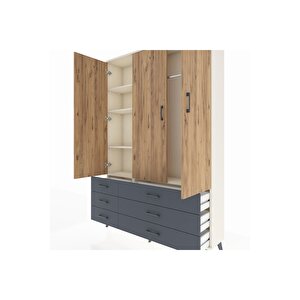 Arges Dolap 5 Raflı 6 Çekmeceli Tek Askılı 132x30x195 Aytaşı-çam/antrasit