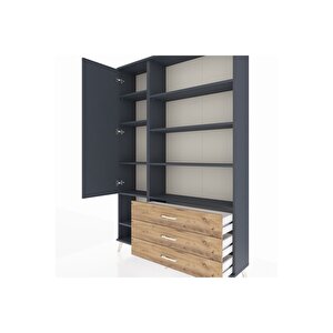 Arges Dolap 9 Raflı 3 Çekmeceli Tek Kapaklı  132x30x195 Antrasit-antrasit/çam