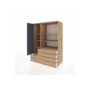 Kronos Dolap 7 Raflı 6 Çekmeceli Tek Kapaklı  132x59x195 Çam-antrasit/çam