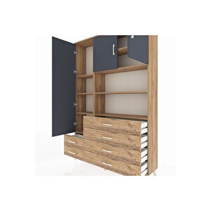 Arges Dolap 8 Raflı 6 Çekmeceli 3 Kapaklı 132x30x195 Çam-antrasit/çam