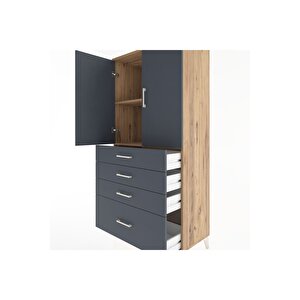 Hyperion Dolap 2 Raflı 4 Çekmeceli 2 Kapaklı 88x44x182 Çam-antrasit