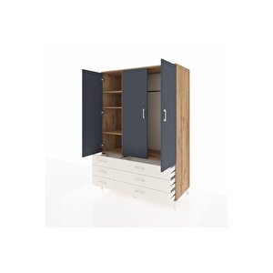 Kronos Dolap 5 Raflı 6 Çekmeceli Tek Askılı 132x59x195 Çam-antrasit/aytaşı