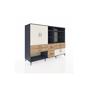 Kronos Dolap 10 Raflı 6 Çekmeceli 4 Kapaklı 220x59x163 Antrasit-aytaşı/çam