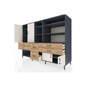 Kronos Dolap 10 Raflı 6 Çekmeceli 4 Kapaklı 220x59x163 Antrasit-aytaşı/çam