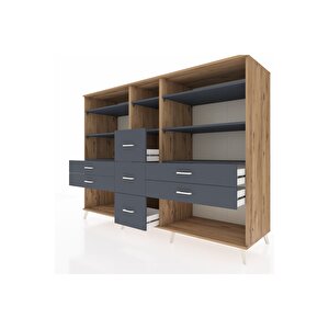 Kronos Dolap 8 Raflı 7 Çekmeceli  220x59x163 Çam-antrasit