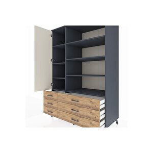 Kronos Dolap 8 Raflı 6 Çekmeceli Tek Kapaklı  132x59x195 Antrasit-aytaşı/çam