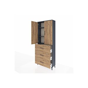 Arges Dolap 3 Raflı 3 Çekmeceli 2 Kapaklı 88x30x221 Antrasit-çam