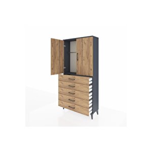 Arges Dolap Tek Raflı 5 Çekmeceli Tek Askılı 88x30x182 Antrasit-çam