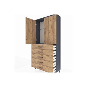 Arges Dolap Tek Raflı 5 Çekmeceli Tek Askılı 88x30x182 Antrasit-çam