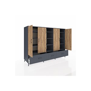 Kronos Dolap 12 Raflı 3 Çekmeceli 4 Kapaklı 220x59x163 Antrasit-çam/antrasit