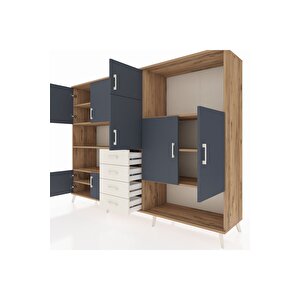 Hyperion Dolap 10 Raflı 4 Çekmeceli 8 Kapaklı 220x44x163 Çam-antrasit/aytaşı