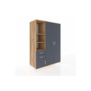 Kronos Dolap 5 Raflı 2 Çekmeceli Tek Askılı 132x59x195 Çam-antrasit/antrasit