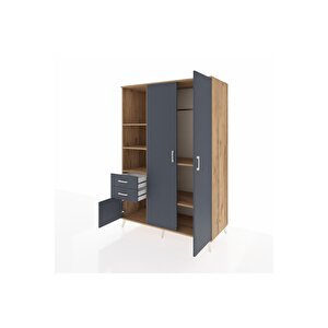 Kronos Dolap 5 Raflı 2 Çekmeceli Tek Askılı 132x59x195 Çam-antrasit/antrasit