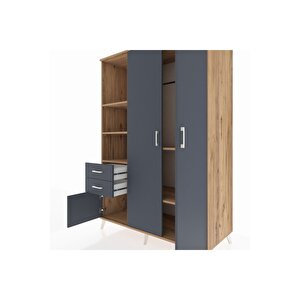 Kronos Dolap 5 Raflı 2 Çekmeceli Tek Askılı 132x59x195 Çam-antrasit/antrasit