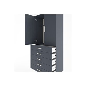Hyperion Dolap Tek Raflı 5 Çekmeceli Tek Askılı 88x44x195 Antrasit-antrasit