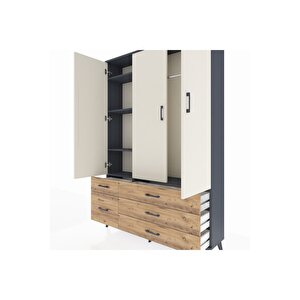 Arges Dolap 5 Raflı 5 Çekmeceli Tek Askılı 132x30x195 Antrasit-aytaşı/çam