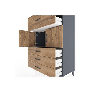 Hyperion Dolap Tek Raflı 4 Çekmeceli 2 Kapaklı 88x44x134 Antrasit-çam