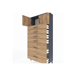 Arges Dolap Tek Raflı 6 Çekmeceli 2 Kapaklı 88x30x182 Antrasit-çam