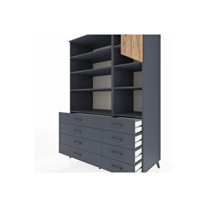 Kronos Dolap 8 Raflı 8 Çekmeceli Tek Kapaklı  132x59x195 Antrasit-çam/antrasit