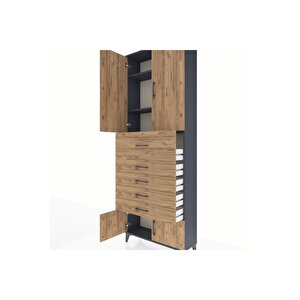 Arges Dolap 3 Raflı 5 Çekmeceli 4 Kapaklı 88x30x243 Antrasit-çam