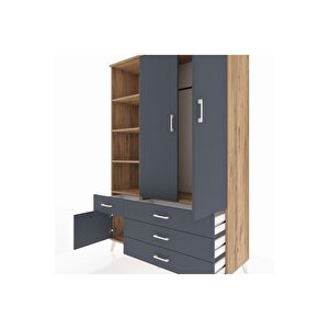 Hyperion Gardrop 5 Raflı 4 Çekmeceli Tek Askılı 132x44x195 Çam-antrasit