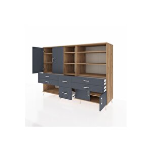 Kronos Dolap 10 Raflı 6 Çekmeceli 4 Kapaklı 220x59x163 Çam-antrasit