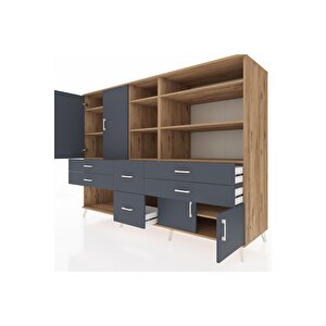 Kronos Dolap 10 Raflı 6 Çekmeceli 4 Kapaklı 220x59x163 Çam-antrasit