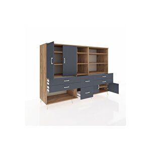 Kronos Dolap 10 Raflı 6 Çekmeceli 4 Kapaklı 220x59x163 Çam-antrasit