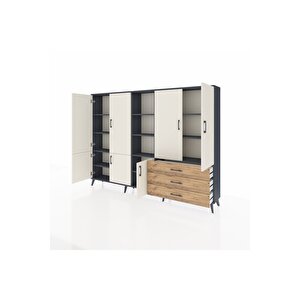 Arges Dolap 11 Raflı 3 Çekmeceli 7 Kapaklı 220x30x163 Antrasit-aytaşı/çam