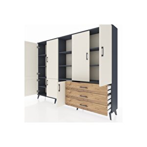 Arges Dolap 11 Raflı 3 Çekmeceli 7 Kapaklı 220x30x163 Antrasit-aytaşı/çam