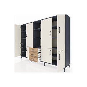 Hyperion Dolap 11 Raflı 3 Çekmeceli 8 Kapaklı 220x44x163 Antrasit-aytaşı/çam