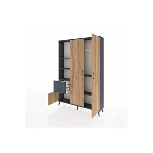 Arges Dolap 5 Raflı 2 Çekmeceli Tek Askılı 132x30x195 Antrasit-çam/antrasit