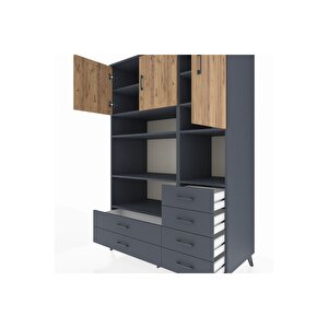 Kronos Dolap 9 Raflı 6 Çekmeceli 3 Kapaklı 132x59x195 Antrasit-çam/antrasit