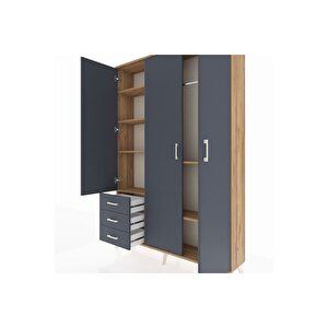 Arges Gardrop 6 Raflı 3 Çekmeceli Tek Askılı 132x30x195 Çam-antrasit