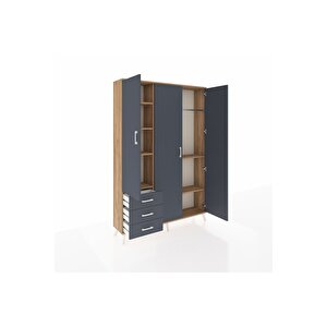 Arges Gardrop 6 Raflı 3 Çekmeceli Tek Askılı 132x30x195 Çam-antrasit