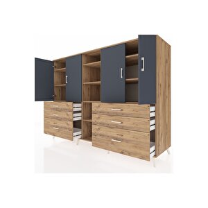 Kronos Dolap 10 Raflı 6 Çekmeceli 4 Kapaklı 220x59x163 Çam-antrasit/çam