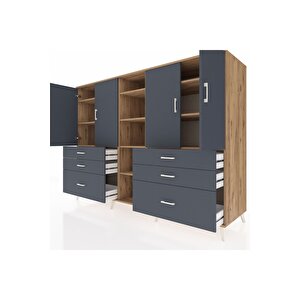 Kronos Dolap 10 Raflı 6 Çekmeceli 4 Kapaklı 220x59x163 Çam-antrasit
