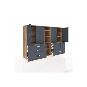 Kronos Dolap 10 Raflı 6 Çekmeceli 4 Kapaklı 220x59x163 Çam-antrasit