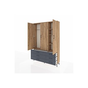 Arges Dolap 5 Raflı 6 Çekmeceli Tek Askılı 132x30x195 Çam-çam/antrasit