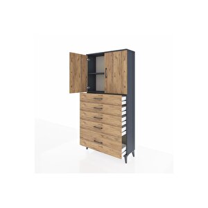 Arges Dolap 2 Raflı 5 Çekmeceli 2 Kapaklı 88x30x182 Antrasit-çam